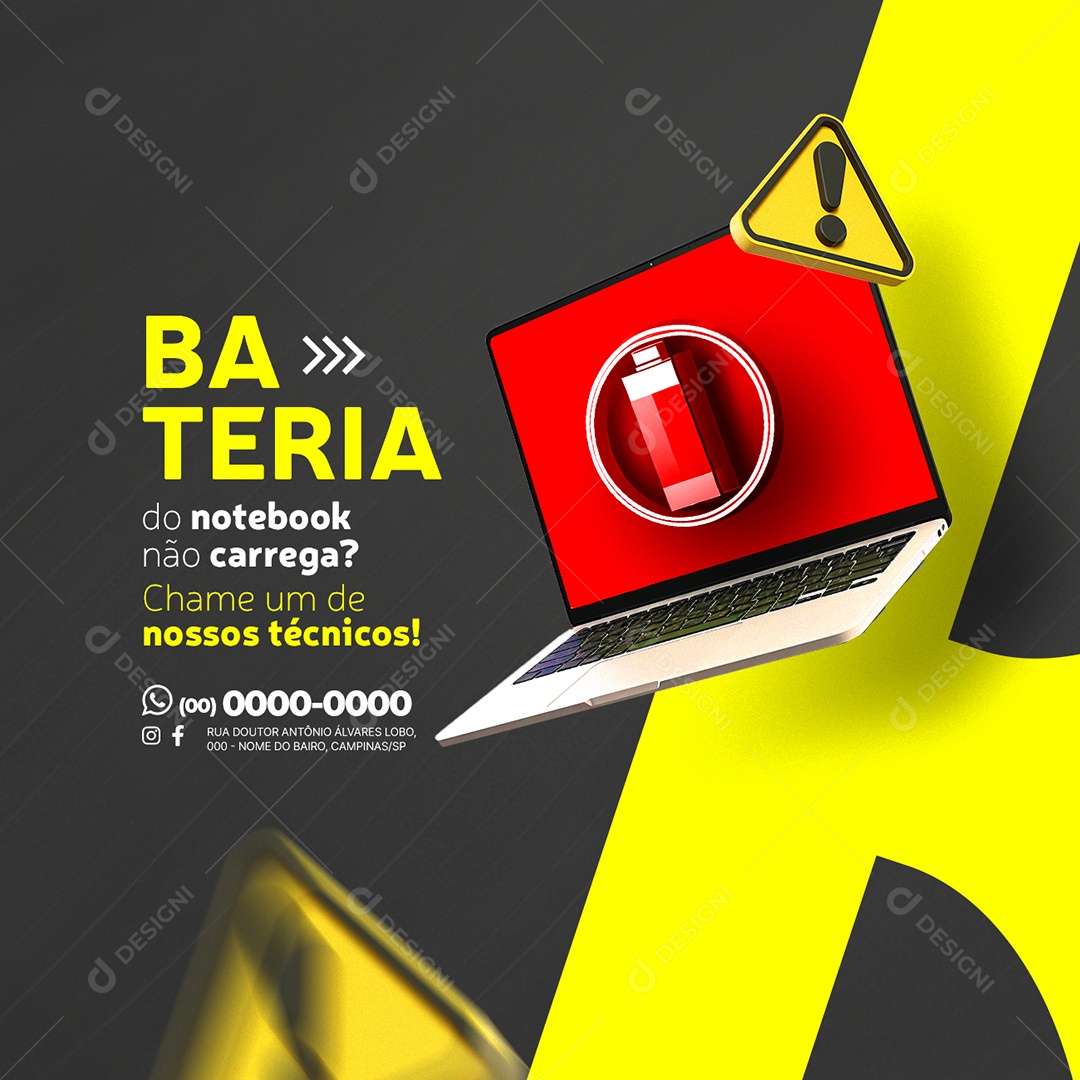 Manutenção de Notebooks Bateria do notebook não carrega Chame um de nossos técnicos Social Media PSD Editável