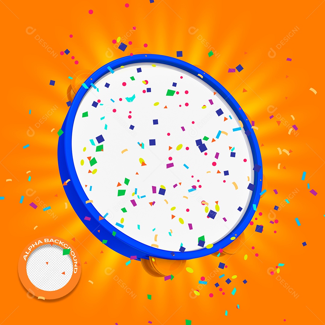 Elemento 3D Pandeiro Azul e Laranja Carnaval Para Composição PSD