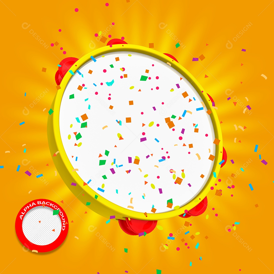 Elemento 3D Pandeiro Amarelo e Vermelho Carnaval Para Composição PSD