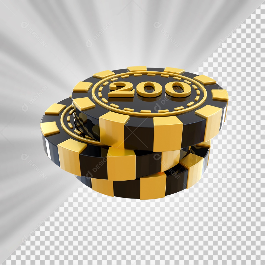 Fichas de Pôquer 200 Elemento 3D Preto Dourado para Composição PSD
