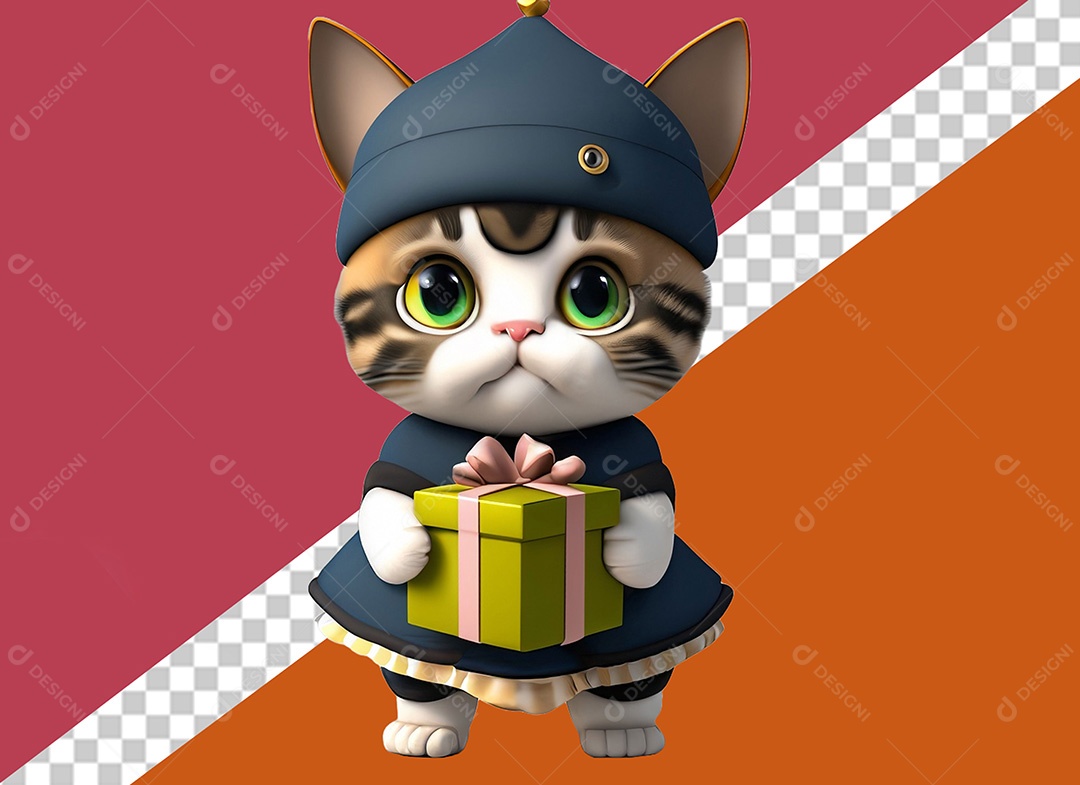 Gatinha de Vestido Azul Segurando um Presente Elemento 3D para Composição PSD