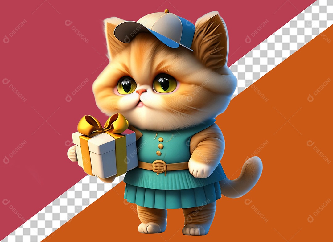 Gatinha Usando Boné e Segurando Presente Elemento 3D para Composição PSD