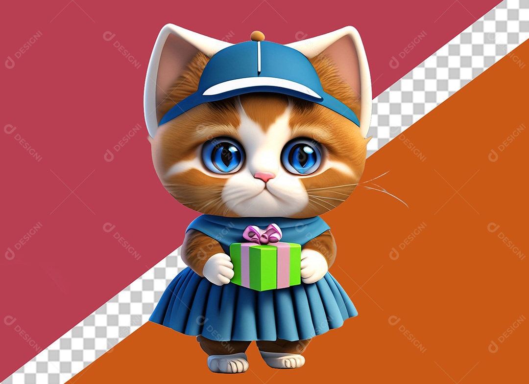 Gatinha de Vestido Segurando um Presente Elemento 3D para Composição PSD