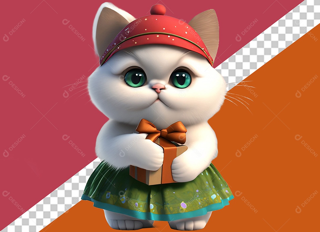 Gatinho Fofo Segurando um Presente Elemento 3D para Composição PSD