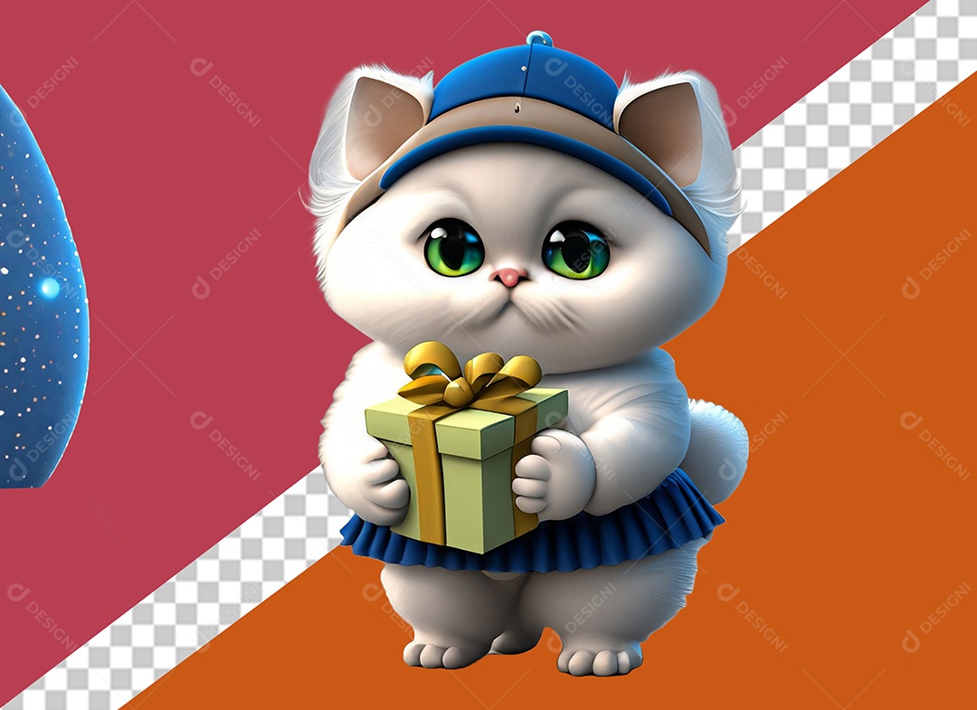 Gatinho Fofo Segurando um Presente Elemento 3D para Composição PSD