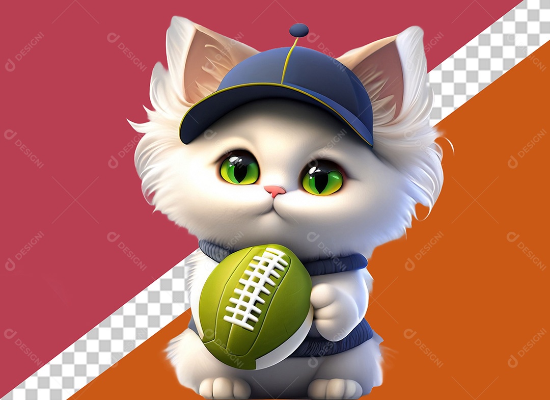 Gatinho com Boné Segurando Bola de Futebol Americano Elemento 3D para Composição PSD