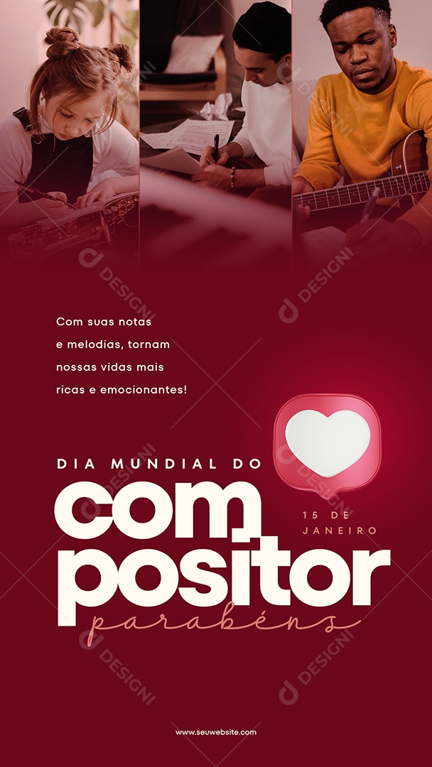 Story Dia Mundial Do Compositor 15 De Janeiro parabéns Com suas notas e melodias Social Media PSD Editável