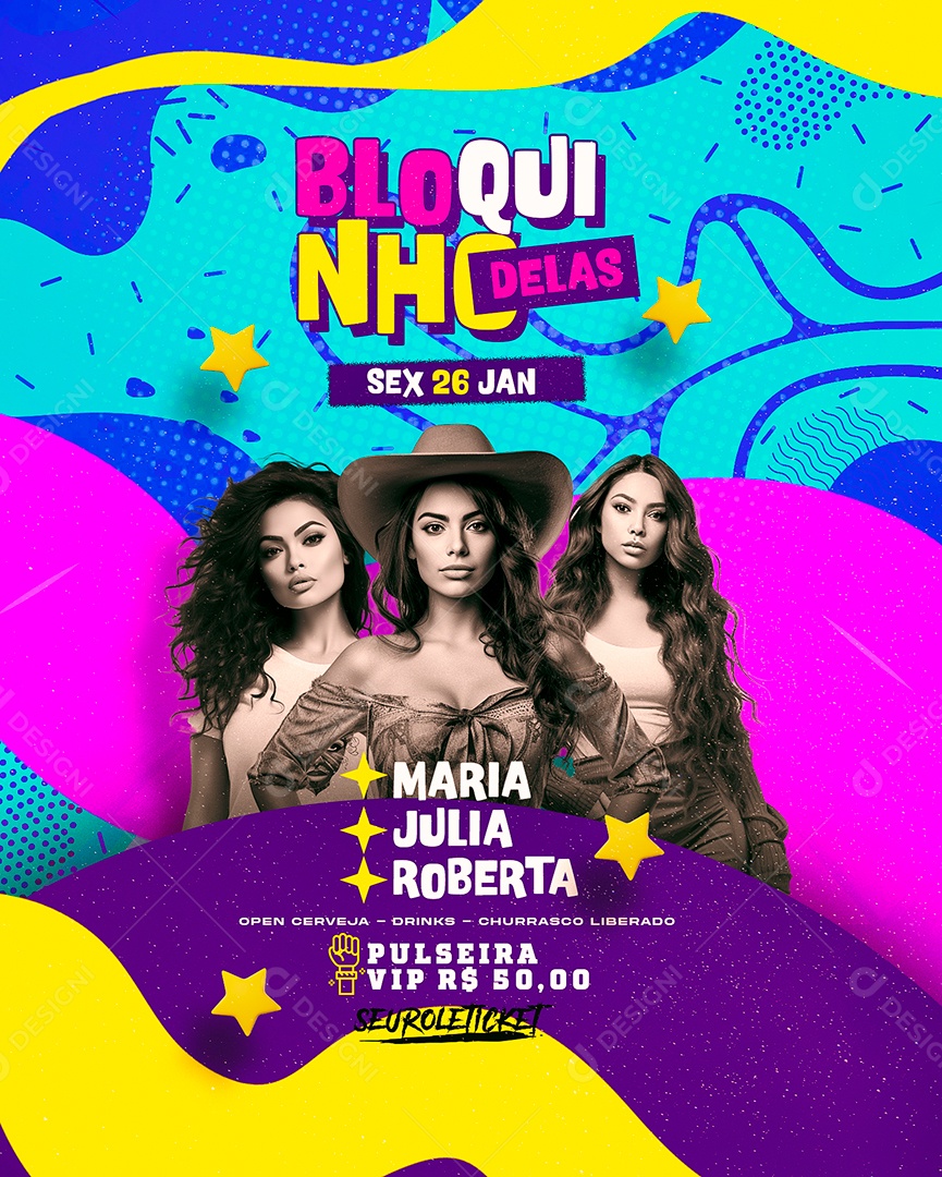 Flyer Carnaval Bloquinho Delas Maria Julia Roberta Social Media PSD Editável