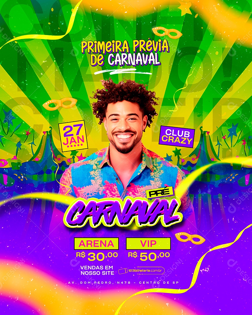 Flyer Primeira Prévia De Carnaval Club Crazy Pré Carnaval Social Media PSD Editável