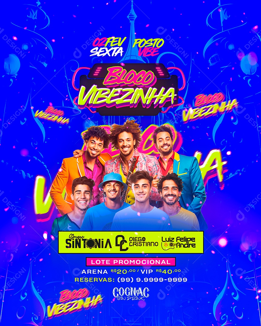 Flyer Carnaval Bloco Vibezinha Grupo Sintonia Diego & Cristiano Luiz Felipe & Andre Social Media PSD Editável