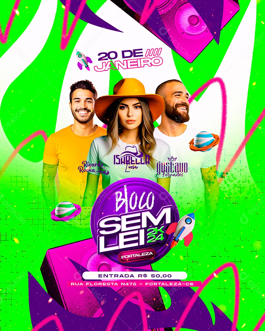 Flyer Carnaval Ricardo Rocha Isabella Lima Gustavo Fernades Bloco Sem Lei Social Media PSD Editável