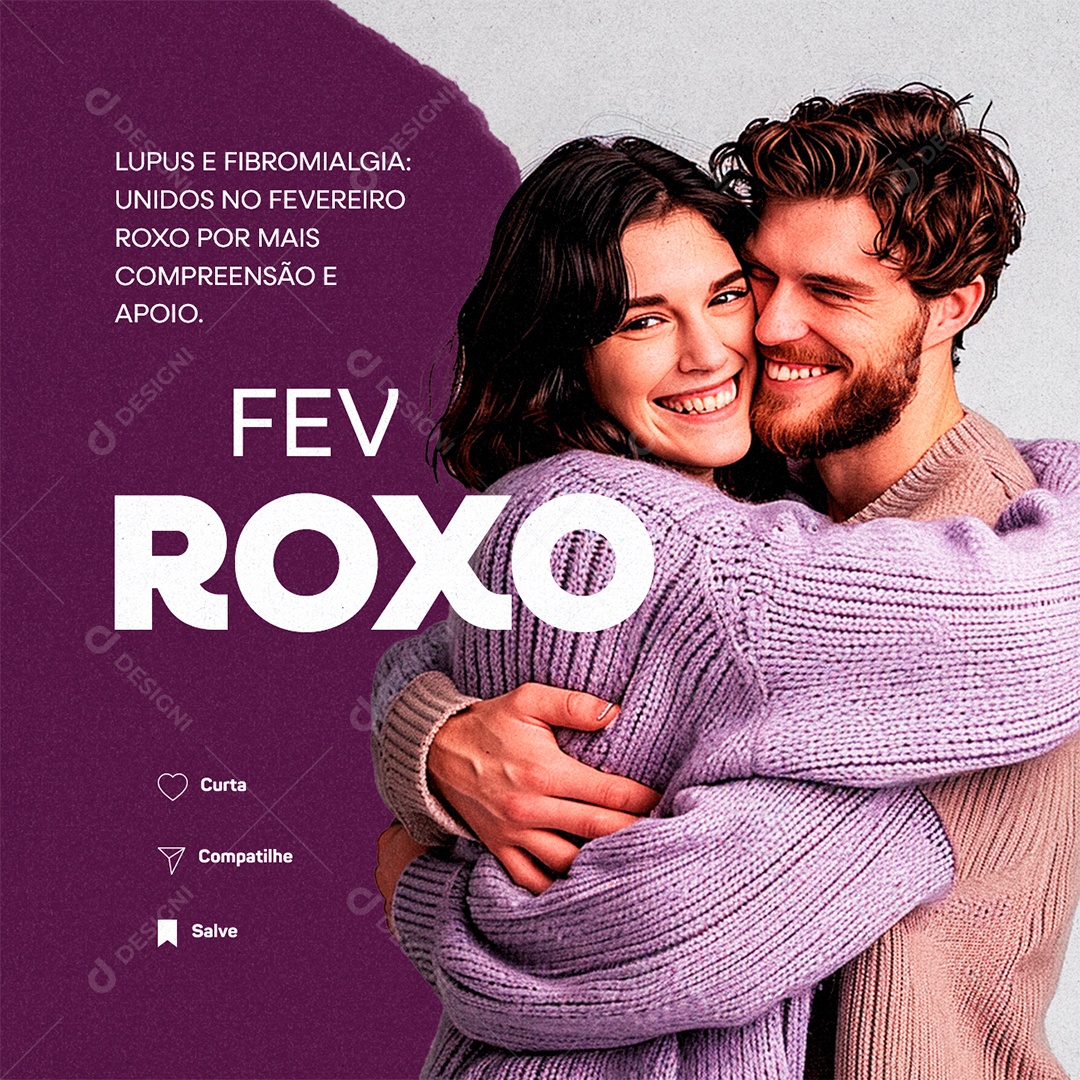 Fevereiro Roxo Mês de Combate ao Lúpus Fibromialgia e Alzheimer Social Media PSD Editável