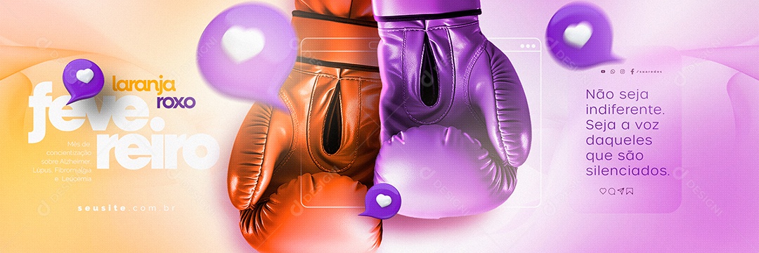 Carrossel Fevereiro Laranja e Roxo Não seja indiferente Seja a voz Social Media PSD Editável