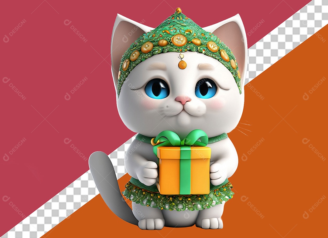 Gatinha com Gorro Segurando Presente Elemento 3D Verde Amarelo para Composição PSD