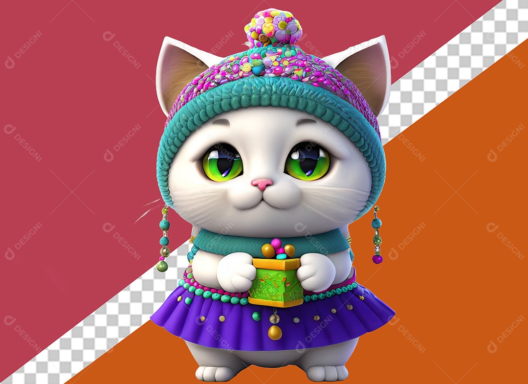 Gatinha com Gorro Segurando Presente Elemento 3D para Composição PSD