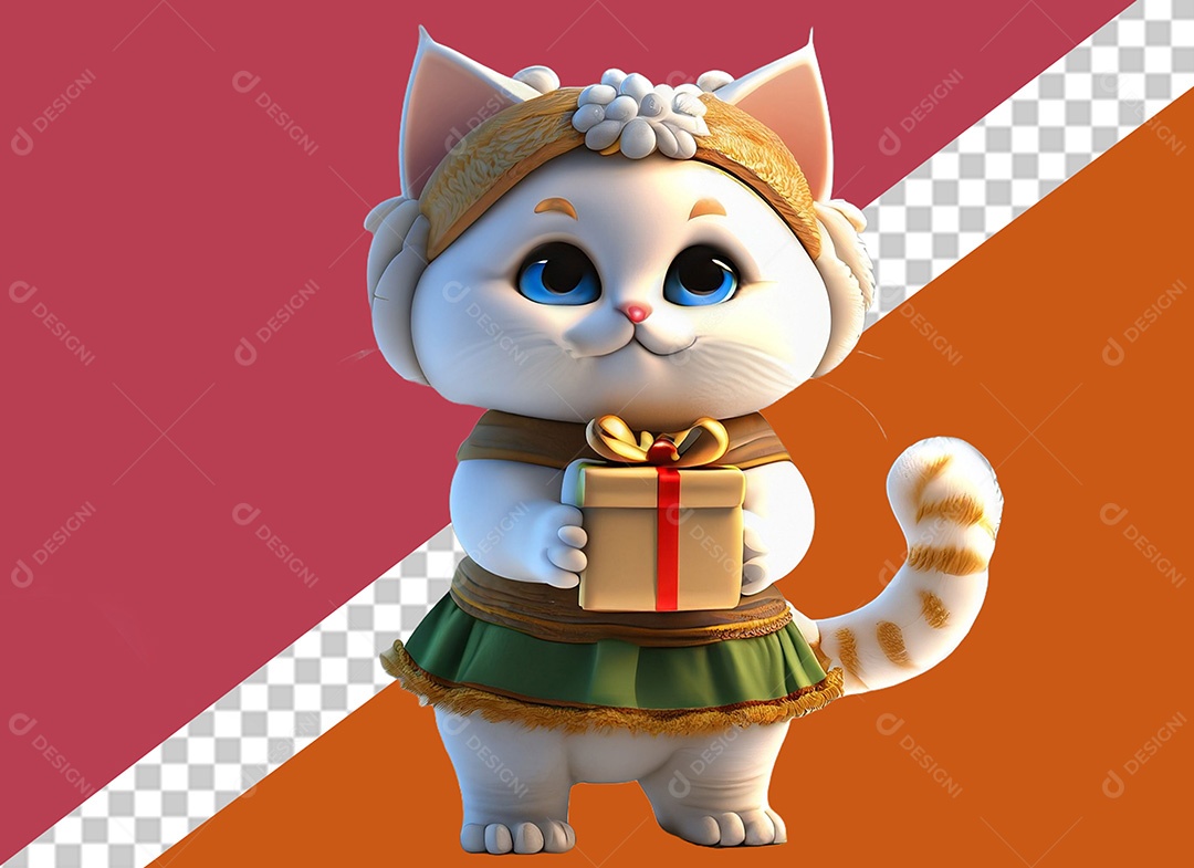 Gatinha de Vestido Segurando um Presente Elemento 3D para Composição PSD