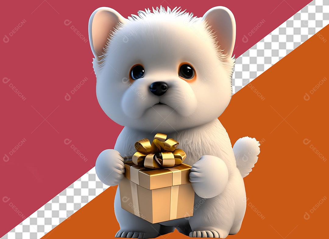 Cachorrinho Fofo Segurando um Presente Elemento 3D Branco Dourado para Composição PSD