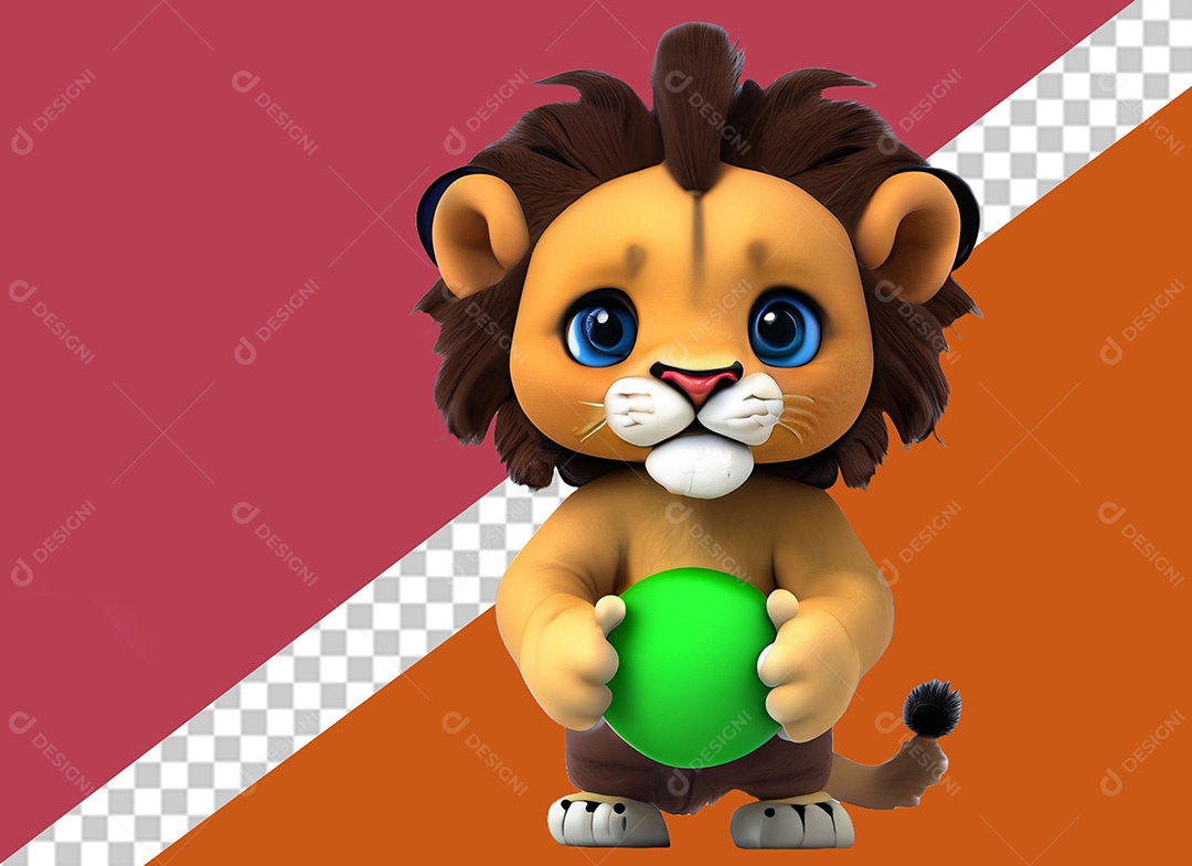Leãozinho Segurando uma Bola Elemento 3D para Composição PSD