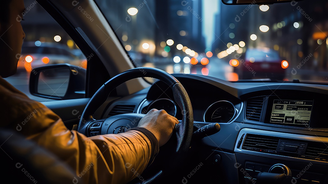 Homem dirigindo um carro à noite na cidade