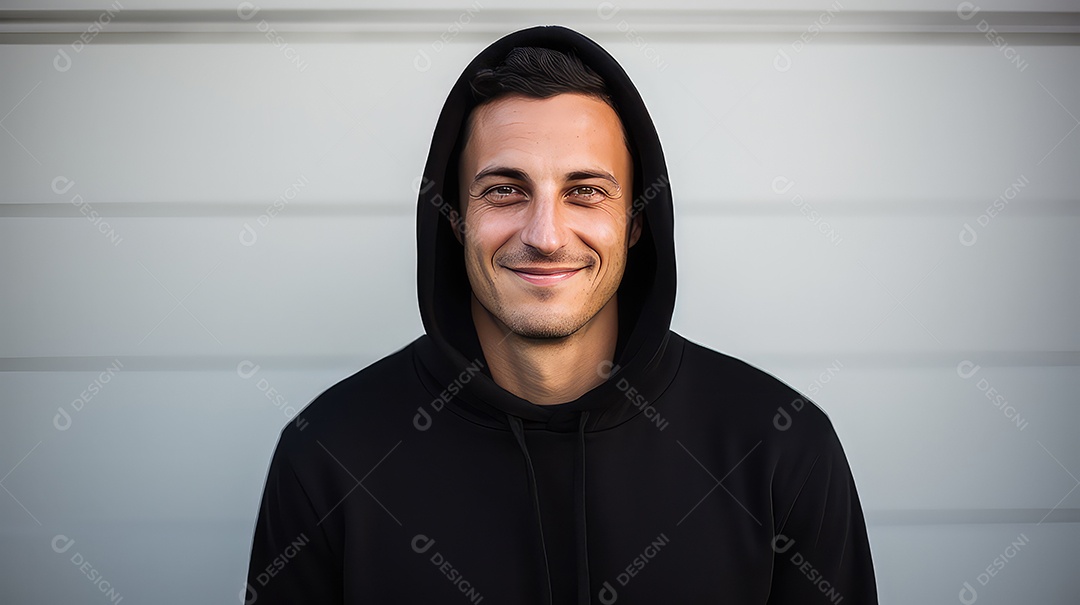 Retrato de um jovem sorridente com capuz olhando para a câmera ao ar livre