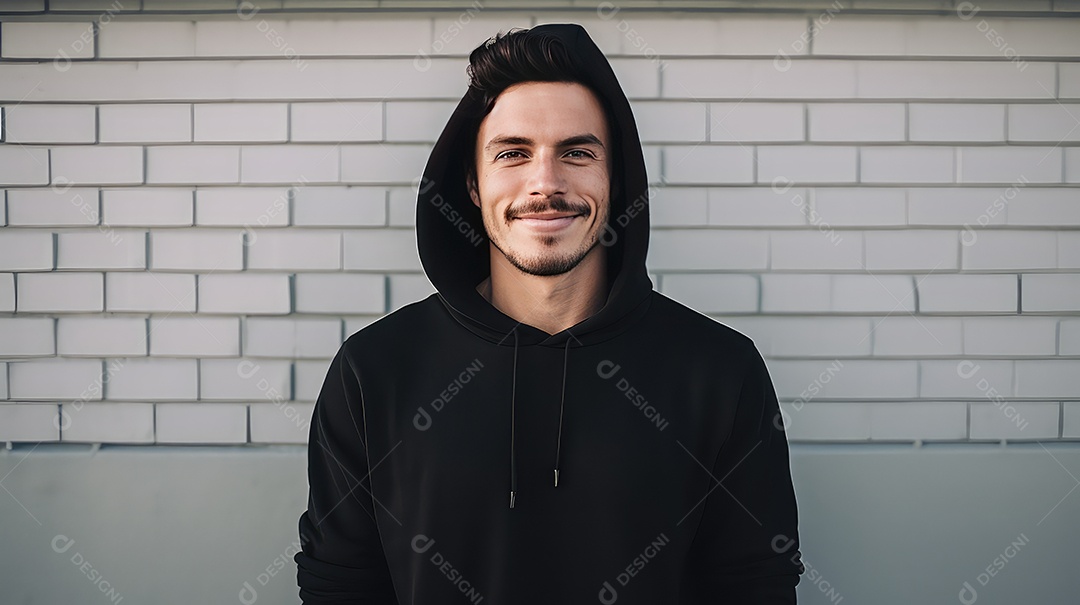 Retrato de um jovem sorridente com capuz olhando para a câmera ao ar livre