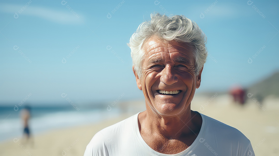 Velho feliz na praia ao nascer do sol