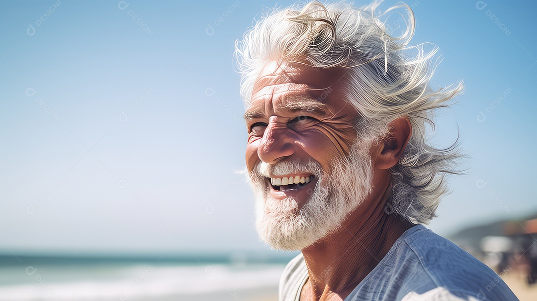 Velho feliz na praia ao nascer do sol