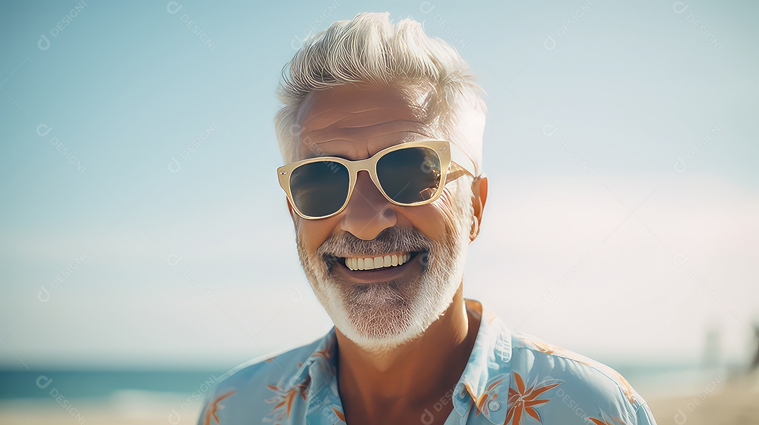 Retrato de um homem idoso feliz com óculos de sol na praia ao nascer do sol