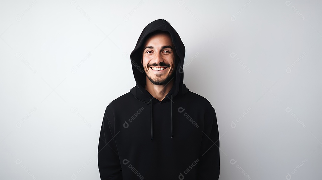 Homem bonito de moletom preto rindo em um fundo branco