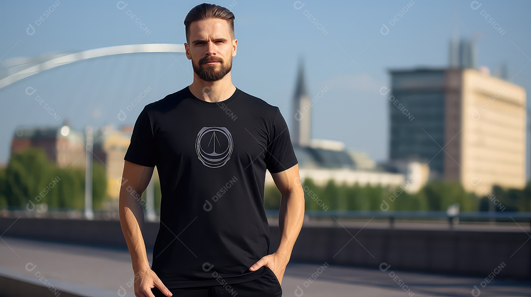 Retrato de um jovem de camiseta preta com uma cidade moderna ao fundo