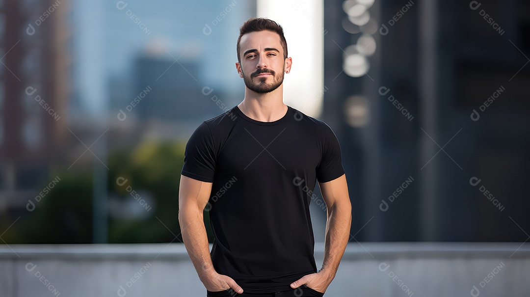 Retrato de um jovem de camiseta preta com uma cidade moderna ao fundo