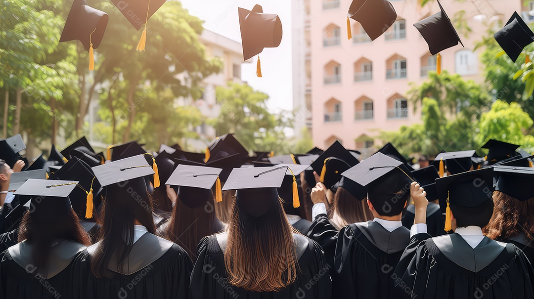 Vista traseira de alunos formandos em becas de formatura em pé no campus