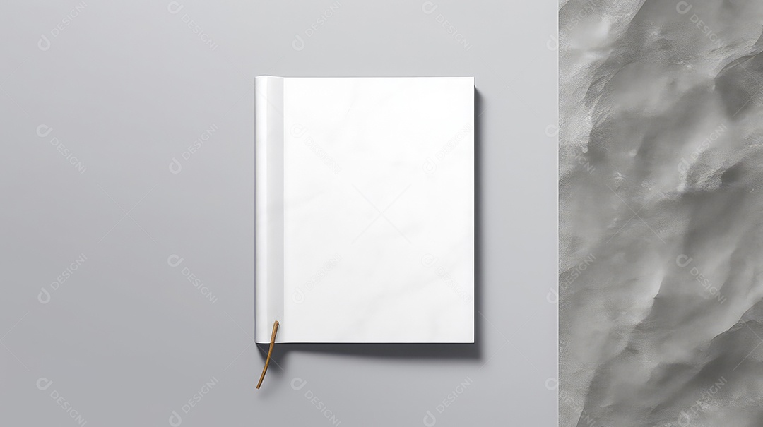 Vista superior de um modelo de caderno branco sobre fundo cinza
