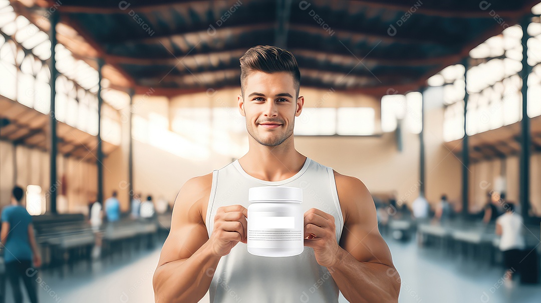Jovem bonito em roupa esportiva segura um pote de proteína na academia