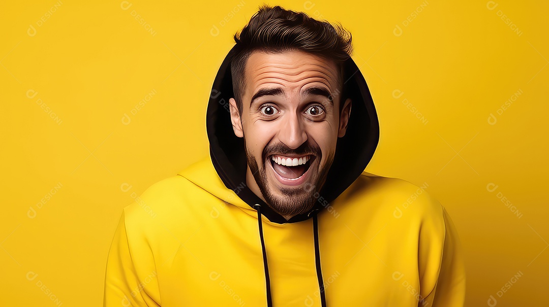 Jovem animado com capuz olhando para a câmera isolada em fundo amarelo
