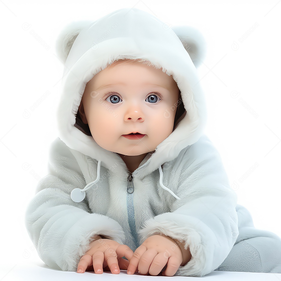 Bebê fofo em roupas quentes isolado em um fundo branco