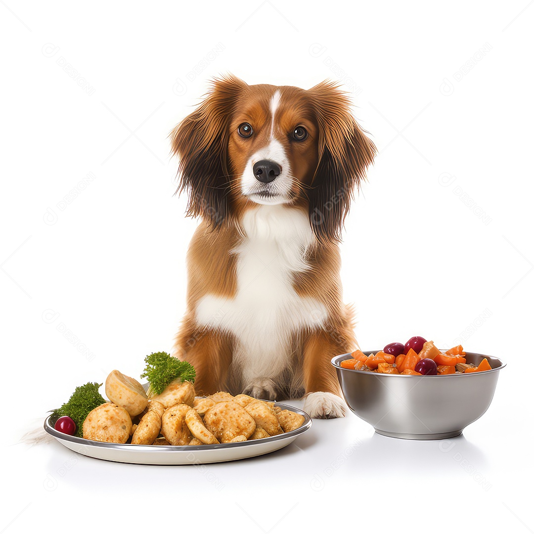 Cachorro papillon com tigela de ração seca e biscoitos em fundo branco