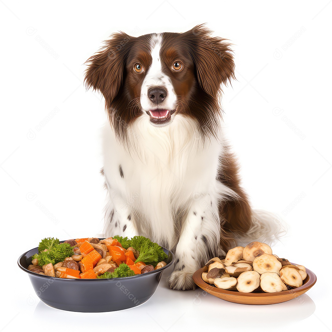 Cachorro papillon com tigela de ração seca e biscoitos em fundo branco
