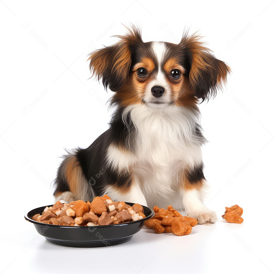 Cachorro papillon com tigela de ração seca e biscoitos em fundo branco