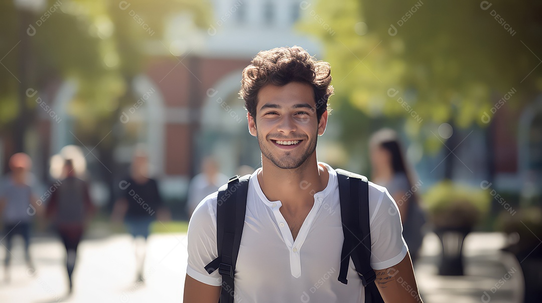 Retrato de um jovem sorridente em pé em um campus universitário