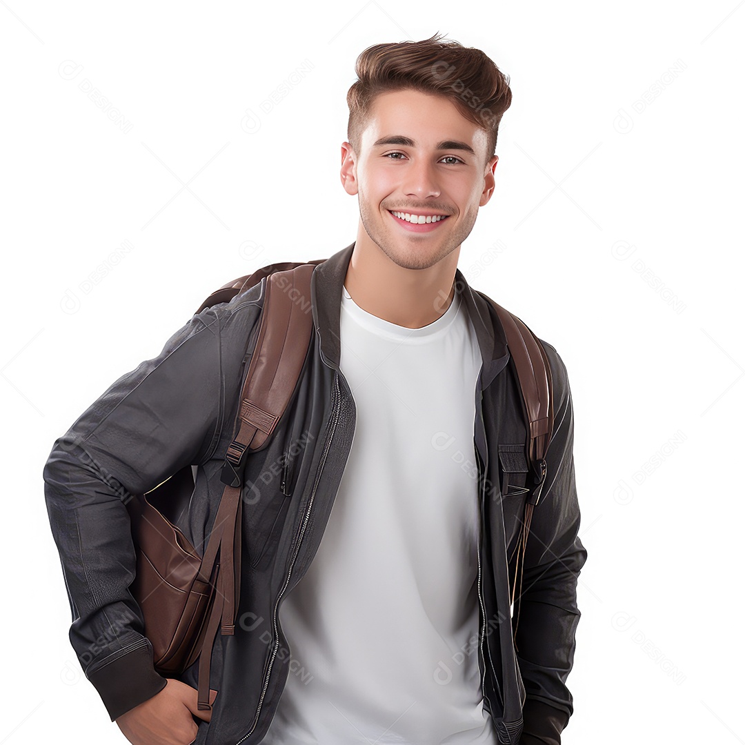 Retrato de um jovem sorridente com mochila olhando para a câmera isolada no branco
