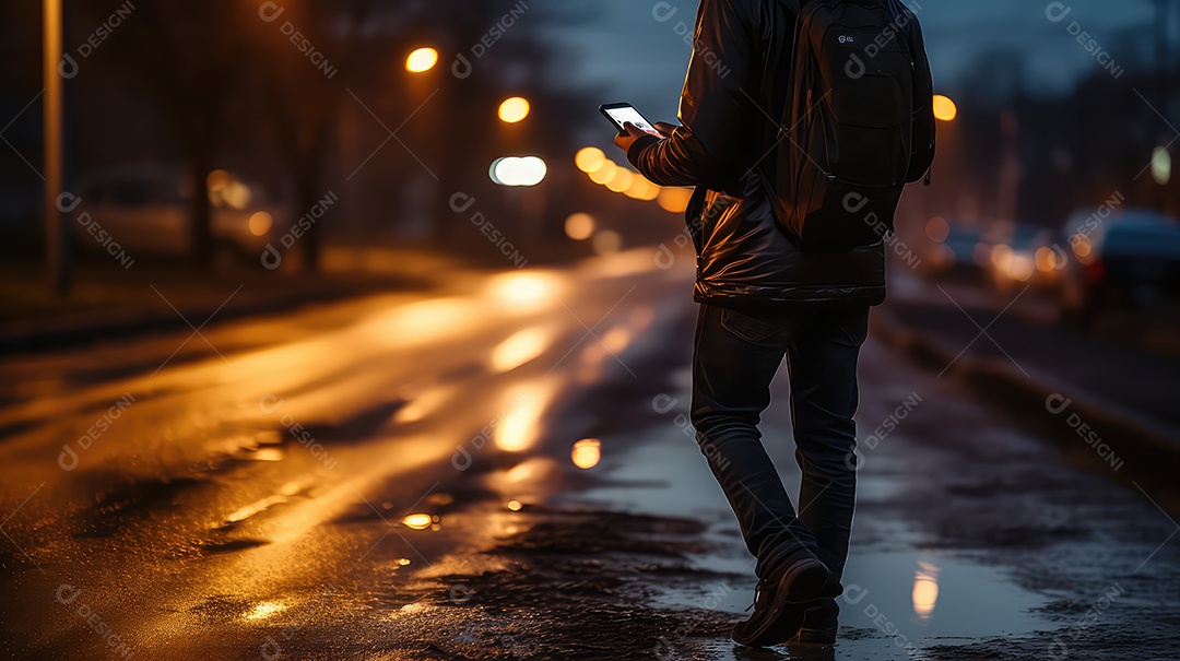 Jovem com celular na rua ao pôr do sol