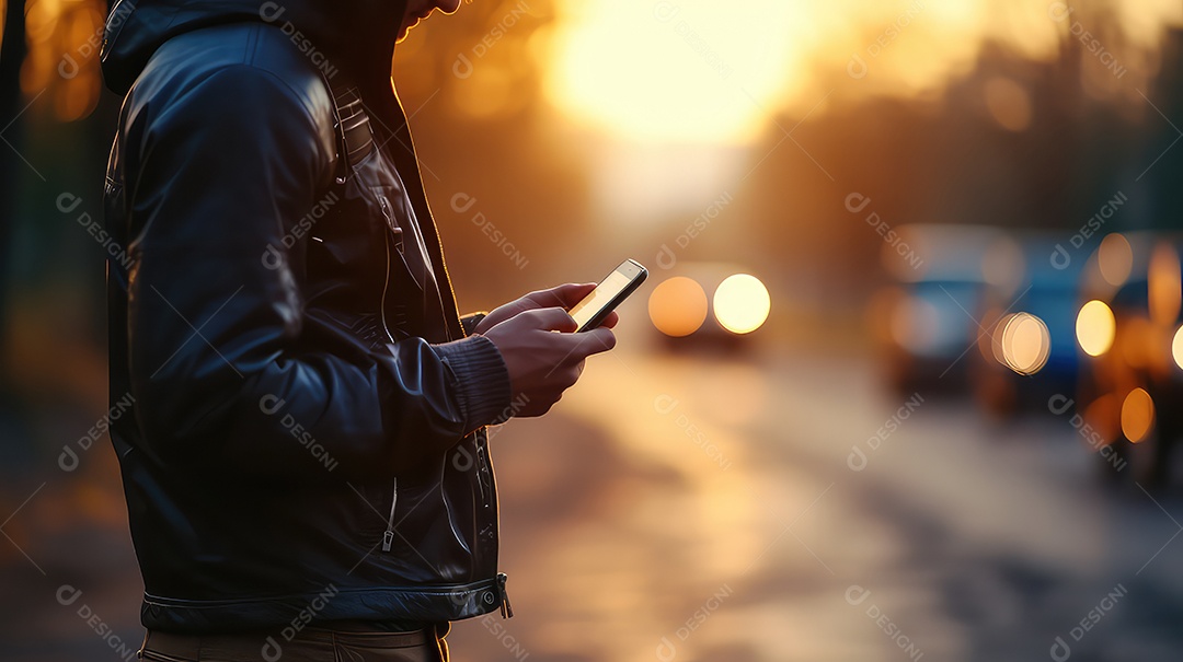 Jovem com celular na rua ao pôr do sol