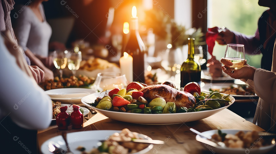 Um grupo de amigos jantando juntos em casa