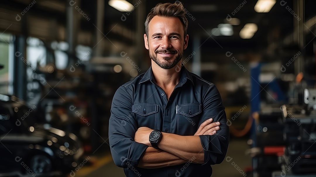 Retrato de um jovem bonito em pé com os braços cruzados em uma garagem