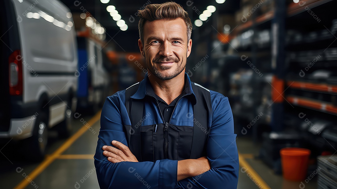 Retrato de um jovem bonito em pé com os braços cruzados em uma garagem