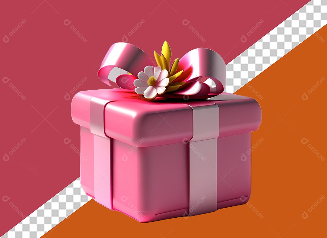 Caixa de Presente com Laço e Flor Elemento 3D para Composição PSD