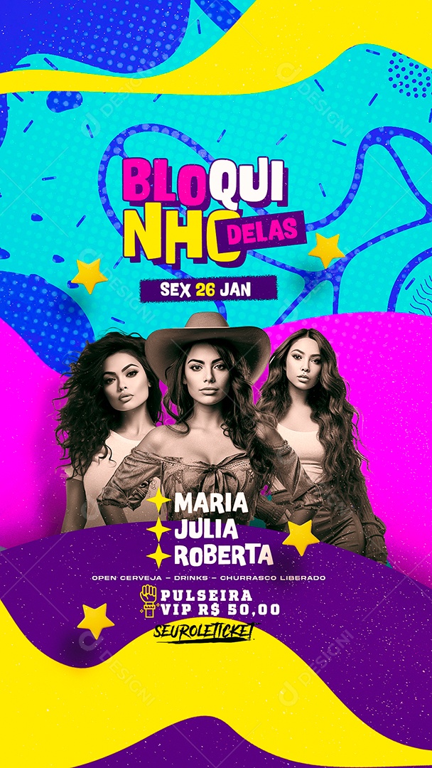 Story Flyer Carnaval Bloquinho Delas Maria Julia Roberta Social Media PSD Editável