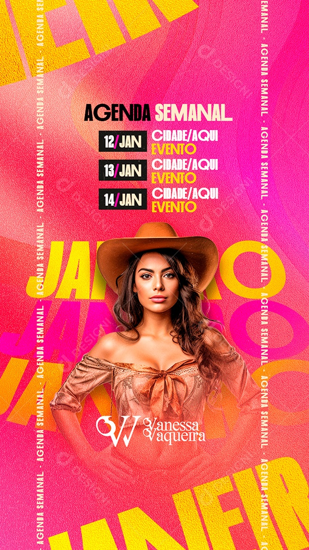Story Flyer Agenda Janeiro Semanal Vanessa Vaqueira Social Media PSD Editável