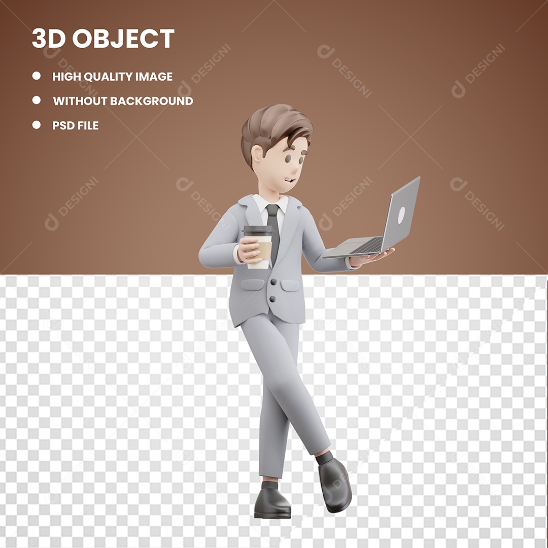 Personagem 3D Homem com laptop com Copo de Café para Composição PSD Editável